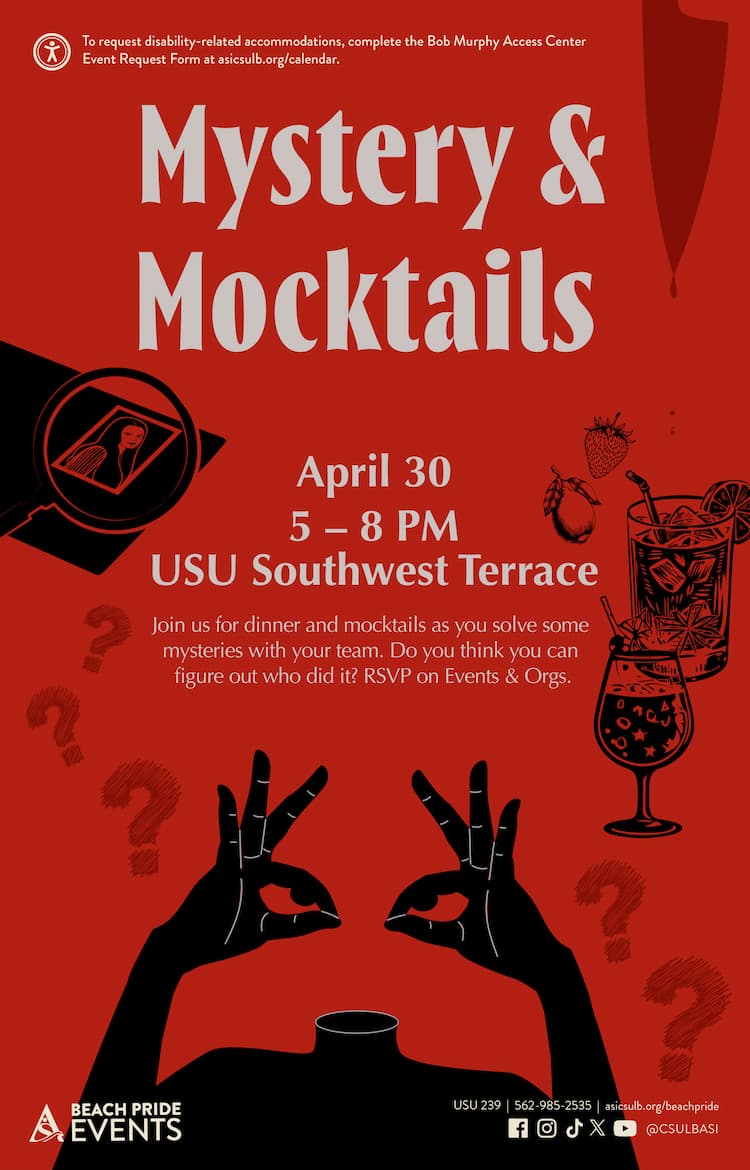Mystery & Mocktails      April 30      5 to 8 p.m.      USU Southwest Terrace