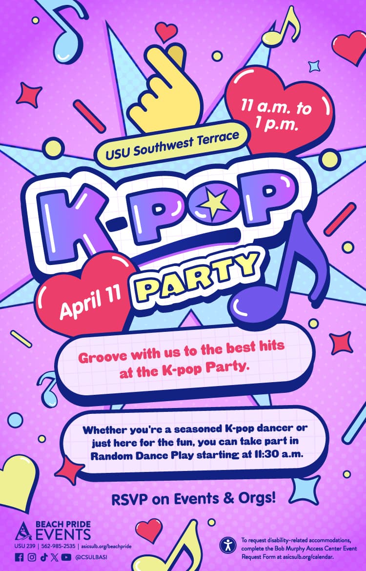 K-Pop Party      April 11      11:00 a.m. to 1:00 p.m.      USU Southwest Terrace