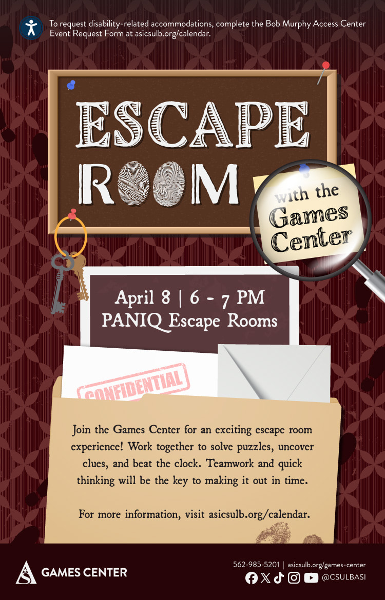 Escape Room with the Games CenterApril 86 to 7 p.m.PANIQ Escape Rooms327 Pine Ave, Long Beach