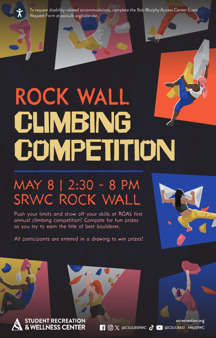 Rock Wall Climbing CompetitionMay 82:30 – 8 p.m.SRWC Rock Wall