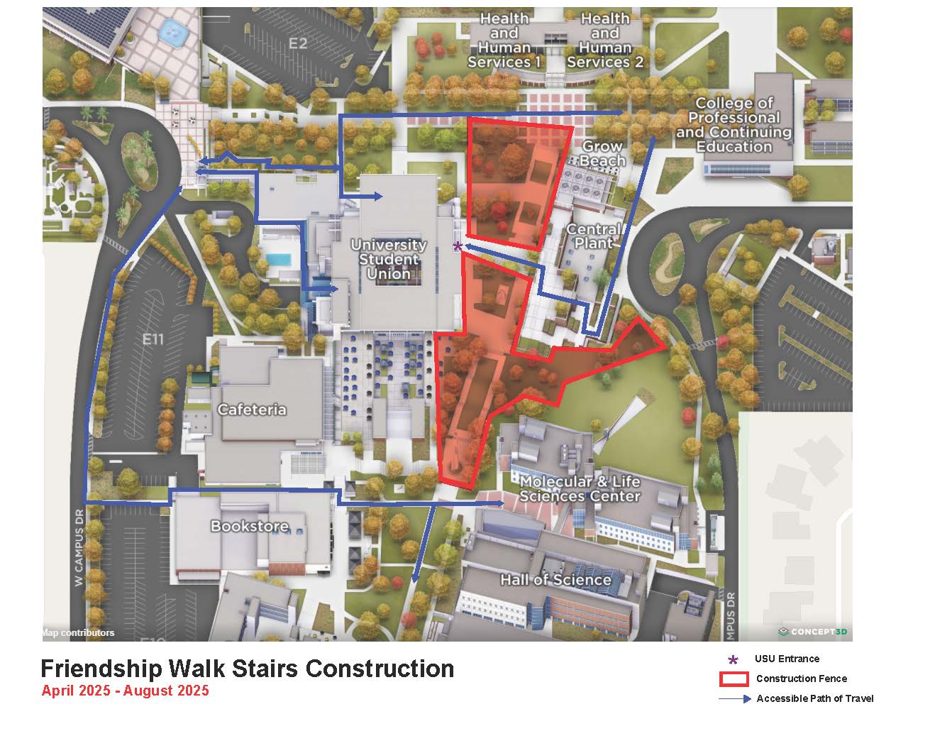 image of accessible walkways and construction area for April 2025 - August 2025